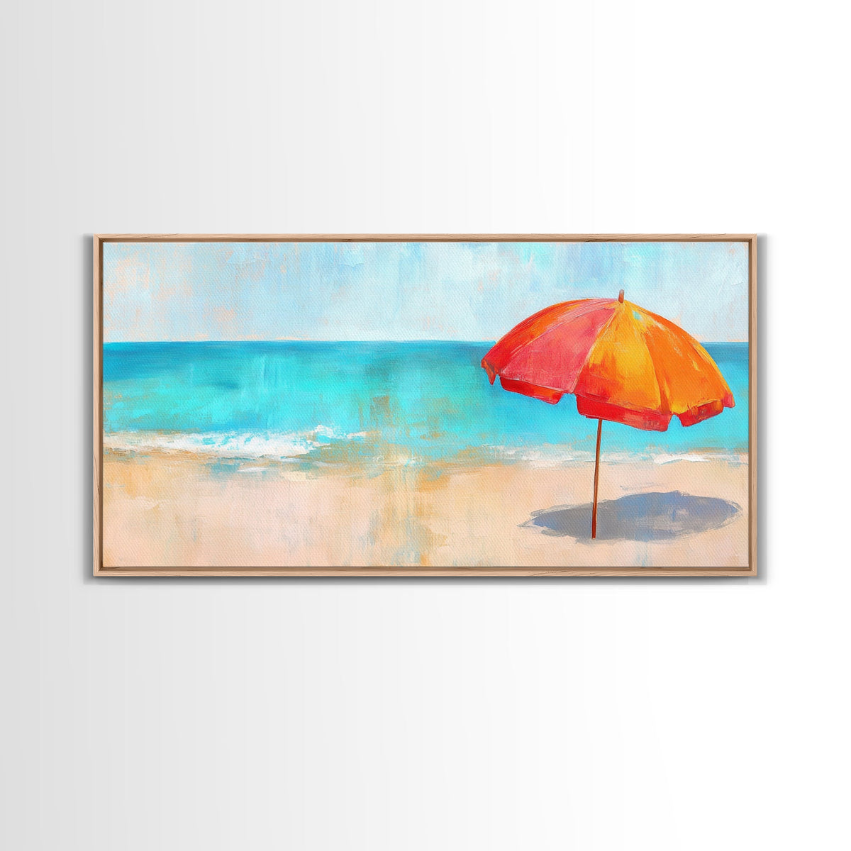 Beach Umbrella, Coastal Decor, Nautical Wall Art, Seascape Painting, Ocean Painting, Extra Wide Art, Framed Canvas Print, Beach House Art