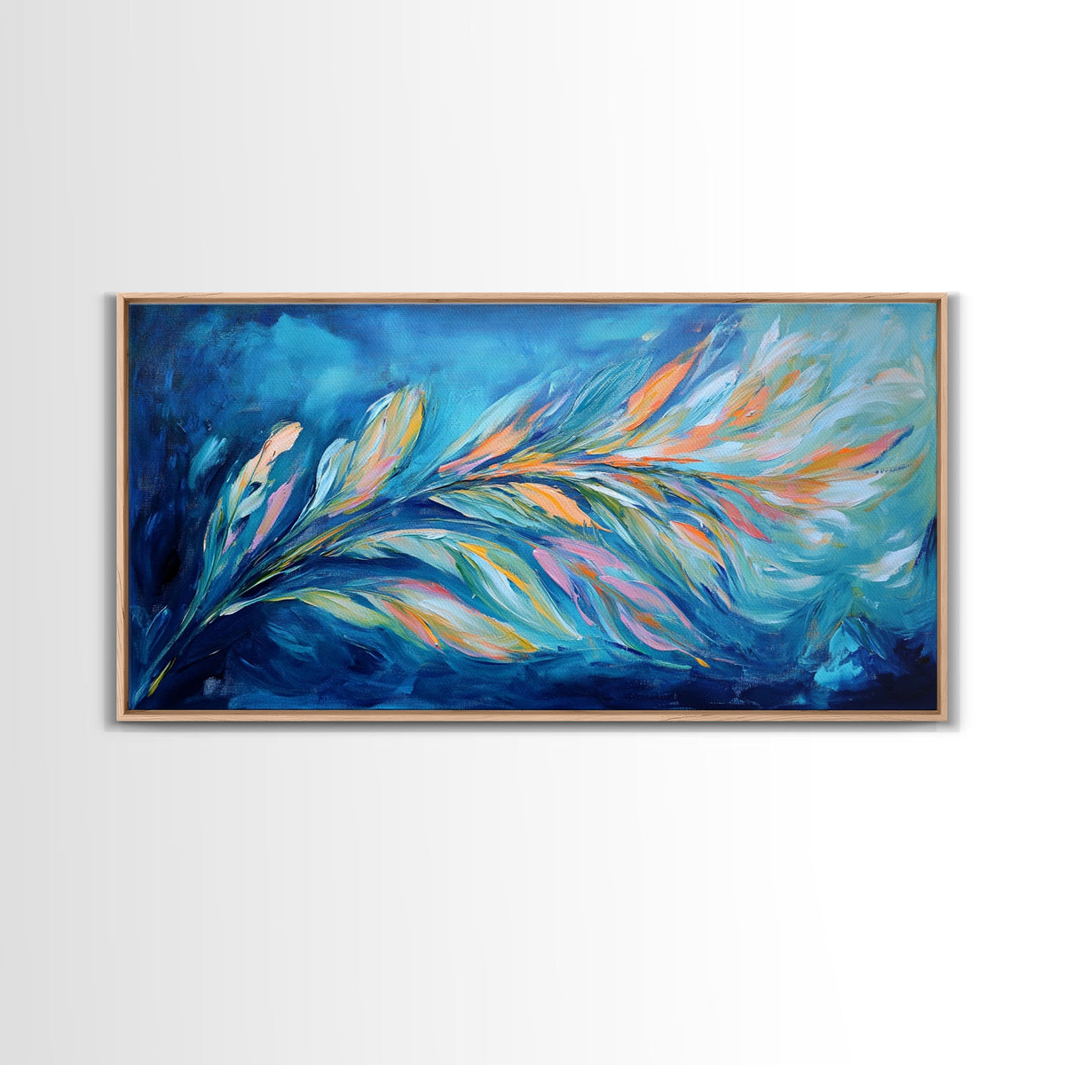 Abstract Feathers, colorful abstract art, blue and green wall art, cottagecore wall art, canvas print, horizontal wall art