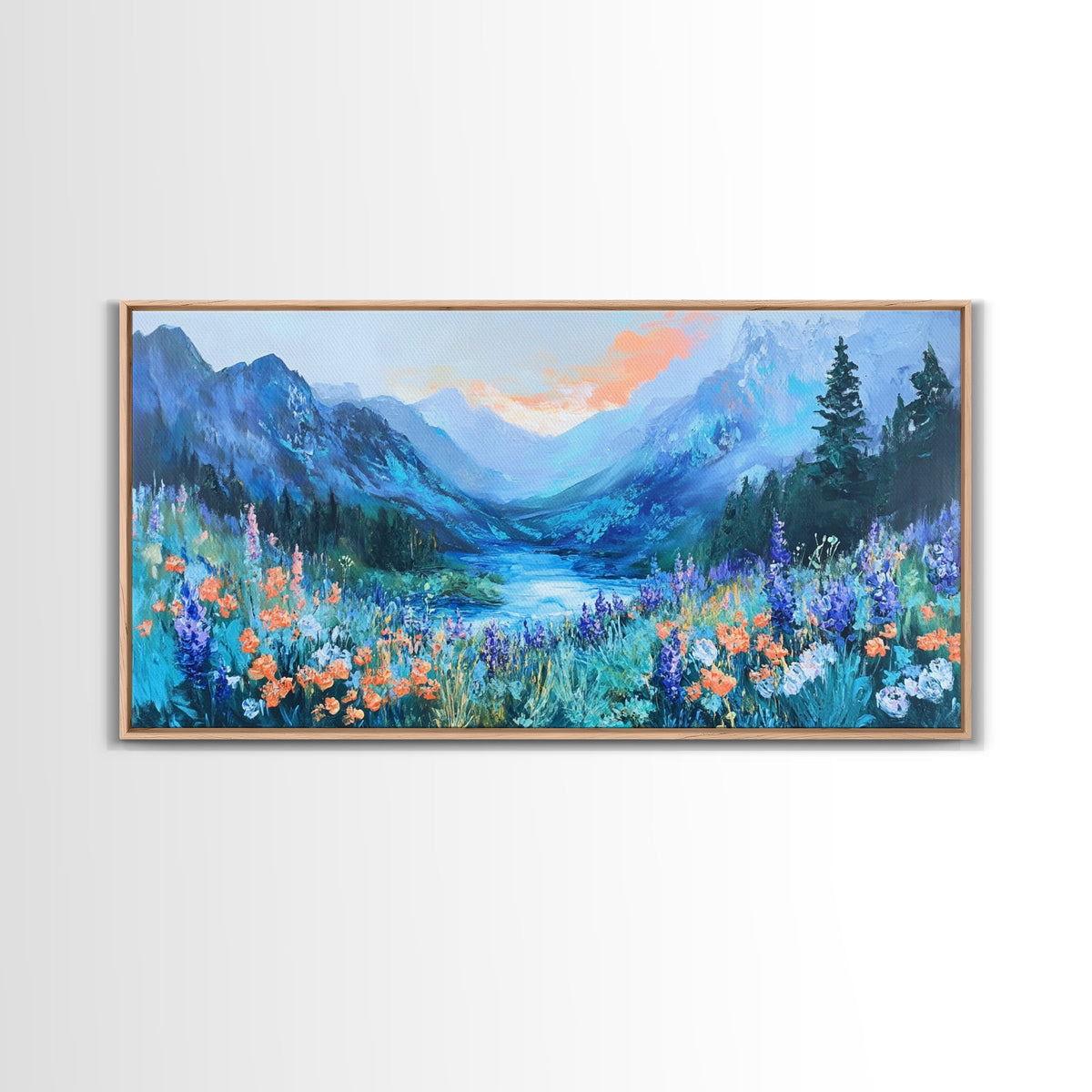 Wildflower Meadow, Mountain Painting, Landscape Painting, Rustic Decor, Cottagecore Wall Art, Framed Canvas Print, Above Sofa Art