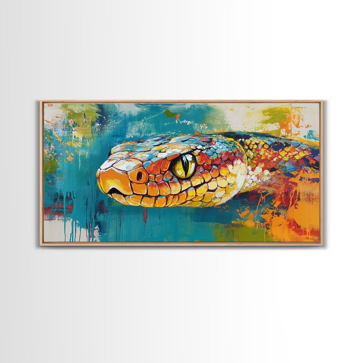 Colorful Snake, wildlife painting, framed canvas print, reptile wall art, bold abstract art, extra wide art, rustic decor