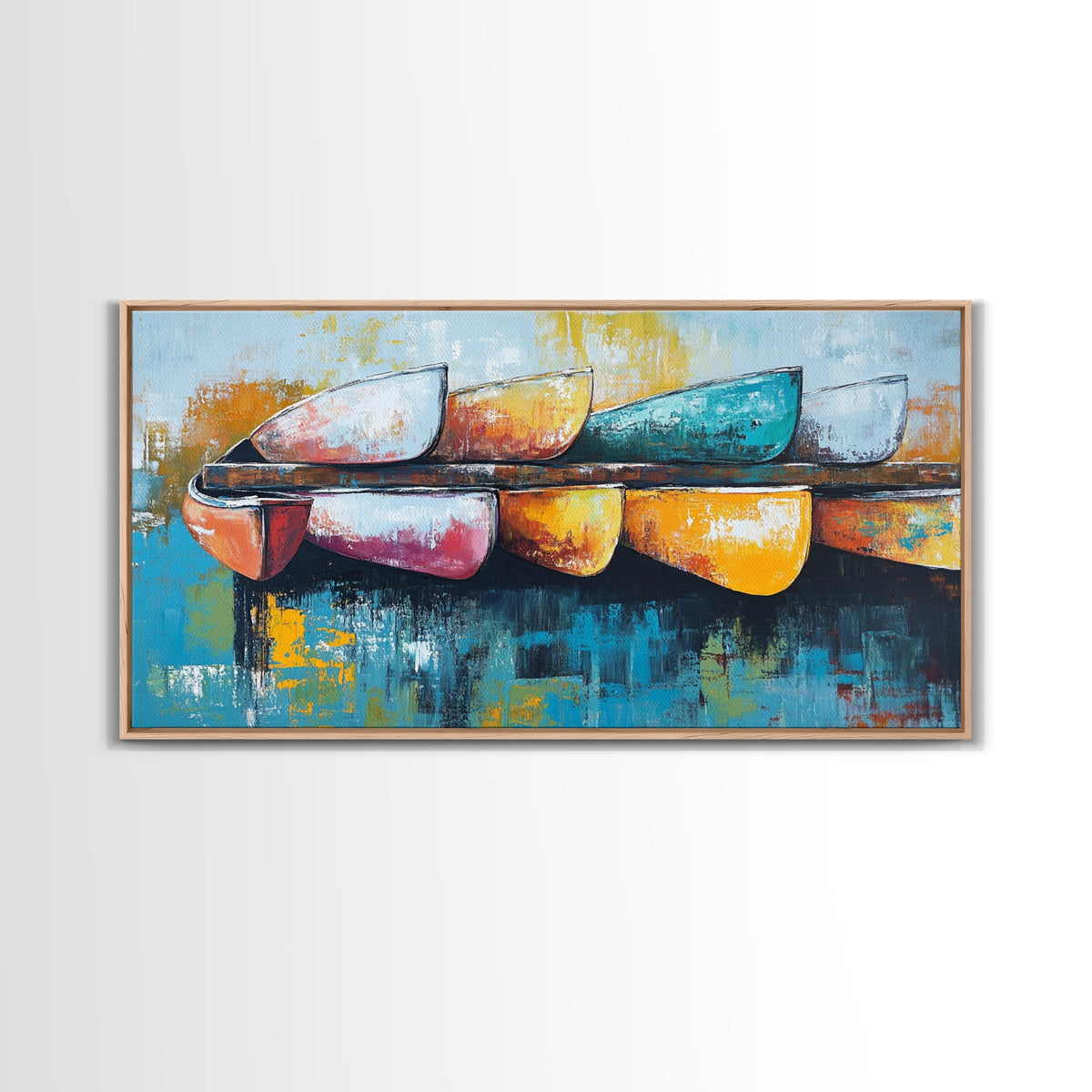 Colorful canoe, coastal decor, nautical painting, vibrant abstract, lake tahoe art, modern art, horizontal wall art, canvas print, beach vibes
