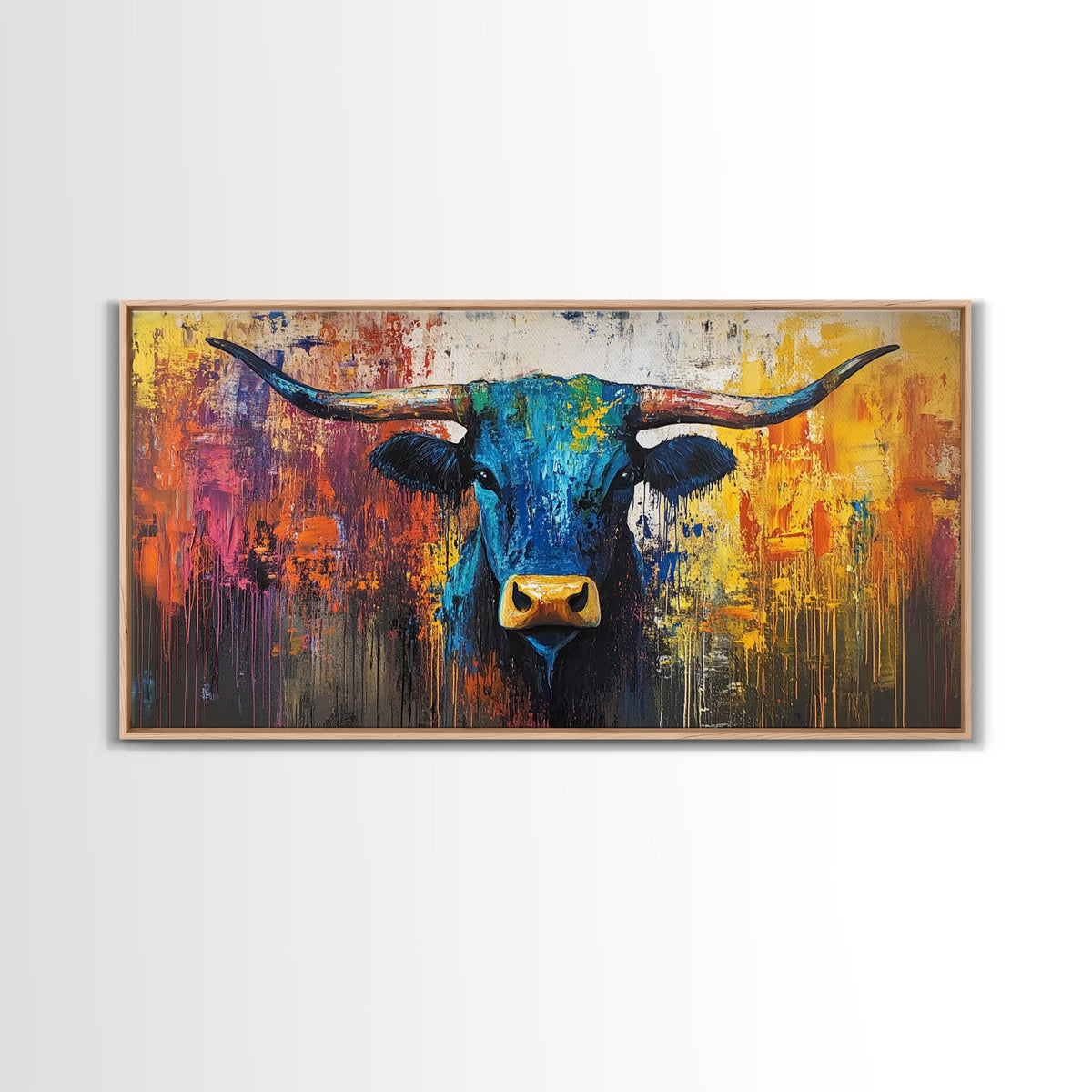 Abstract Bull, bold color wall art, rustic decor, farmhouse art, moody art, contemporary art, Framed Canvas Print, modern bull painting