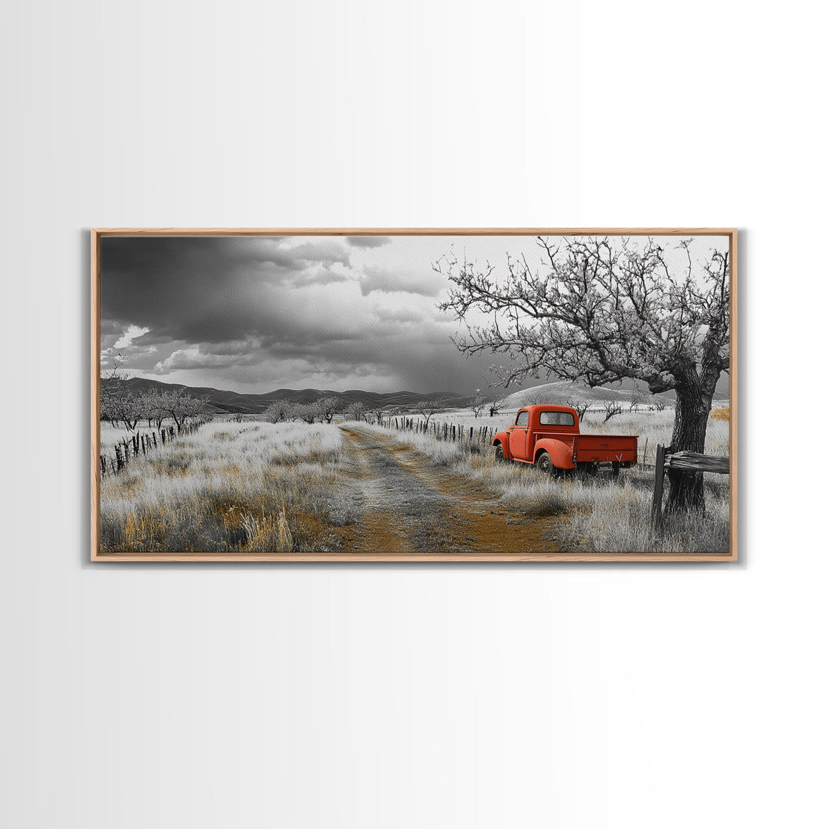 Red Truck, Country Road, Stormy Sky, Orchard Path, Framed Canvas Print, Farmhouse Autumn Wall Art, Rural Decor, Rustic Vintage Vibes