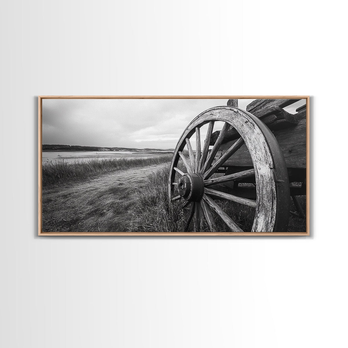 Wagon Wheel, Rustic Wall Art, Farmhouse Art, Vintage Decor, Western Landscape, Barn Art, Framed Canvas Print, Country Aesthetic