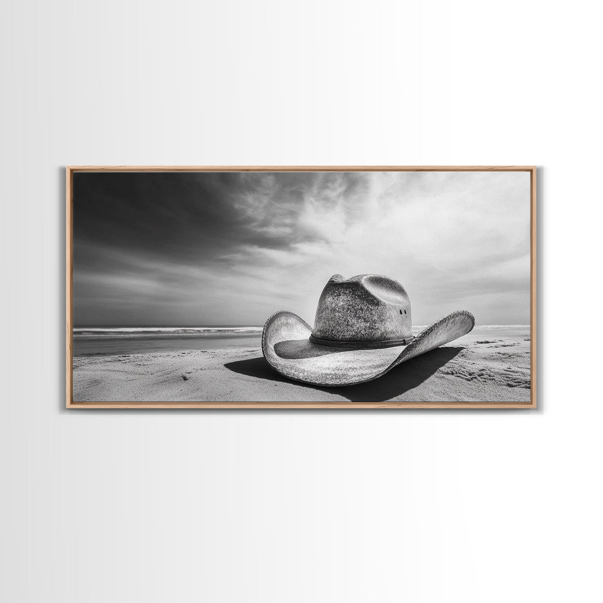 Cowboy Hat, Rustic Art, Western Wall Art, Moody Art, Coastal Decor, Vintage Aesthetic, Framed Canvas Print, Dramatic Sky