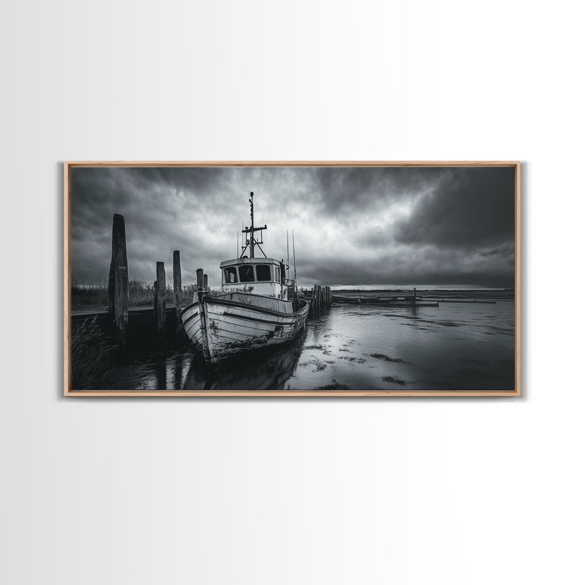 Fishing boat, nautical decor, coastal painting, rustic art, panoramic painting, extra wide art, above sofa art, framed canvas print
