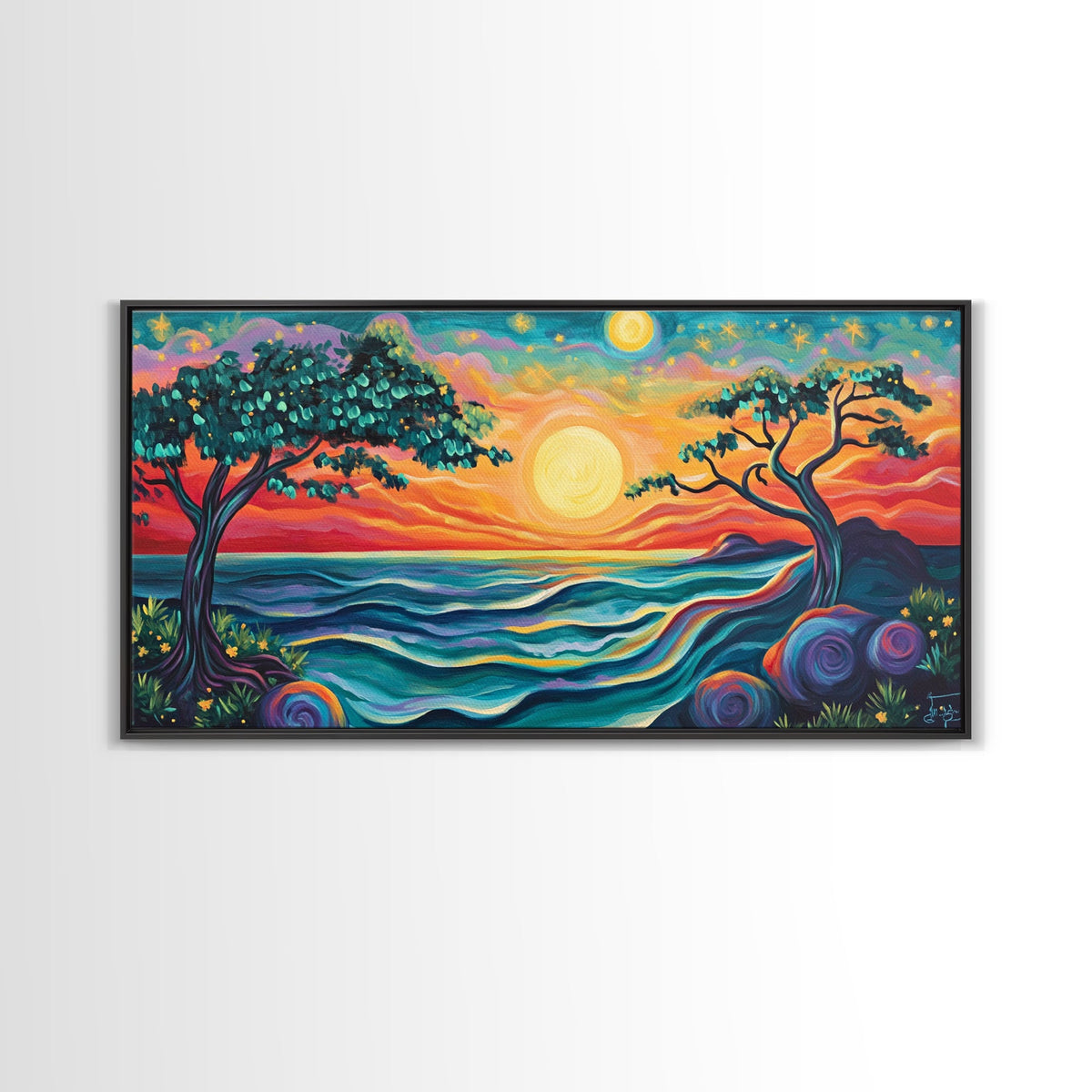 Vibrant Sunset, pink orange wall art, whimsical art, Hawaii art, colorful landscape painting, coastal decor, gift idea, Canvas Print
