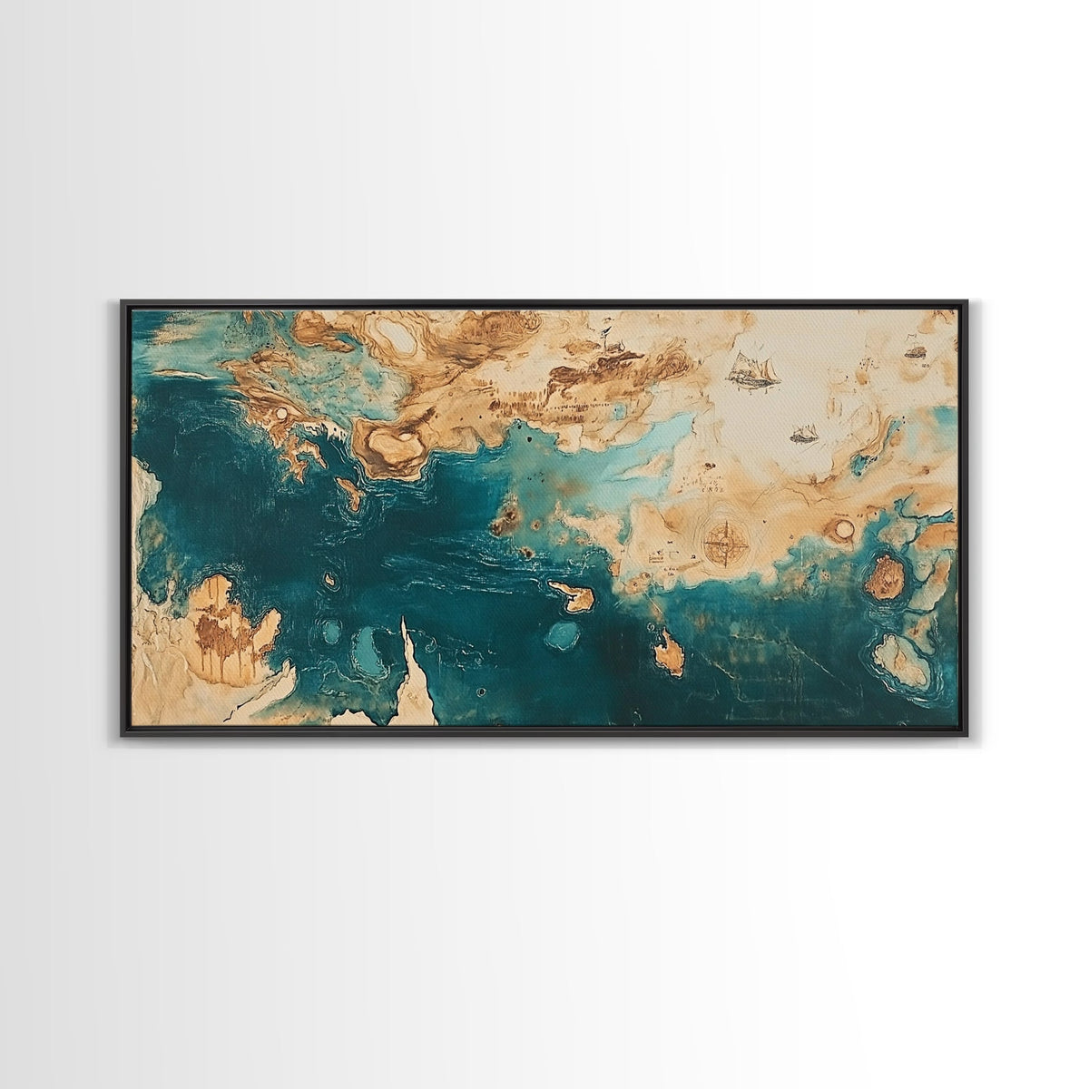 Vintage Map Art, Compass Wall Art, Nautical Wall Art, Extra Wide Art, Framed Canvas Print, Rustic Decor, Coastal Painting
