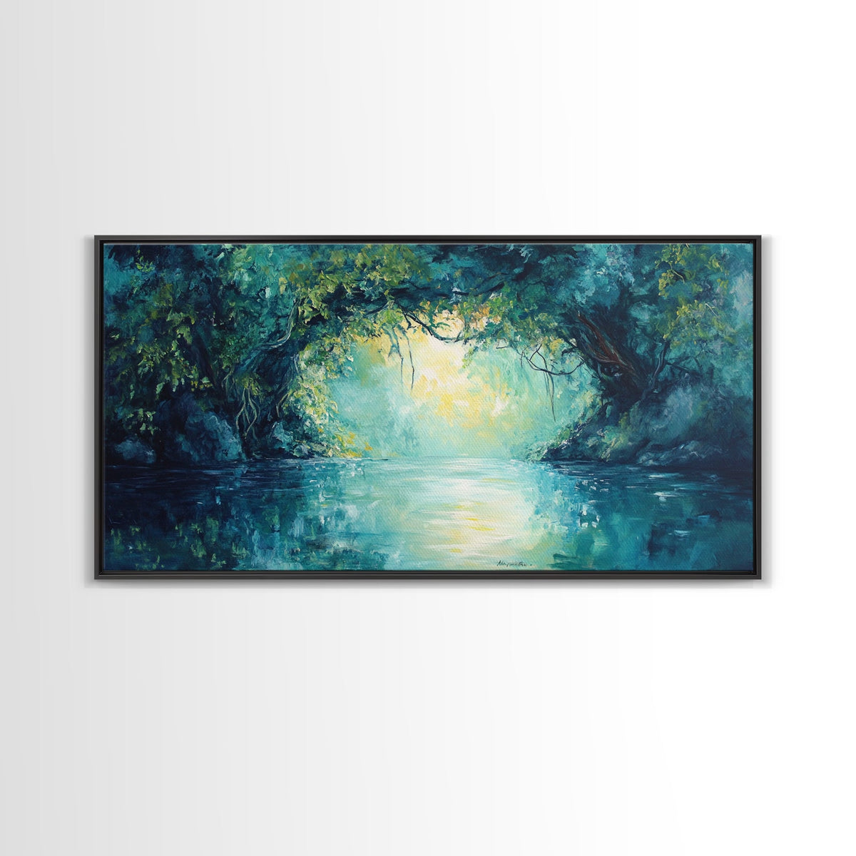 Mystical River, Framed Canvas Print, landscape painting, moody art, forest at dusk painting, teal wall art, extra wide art