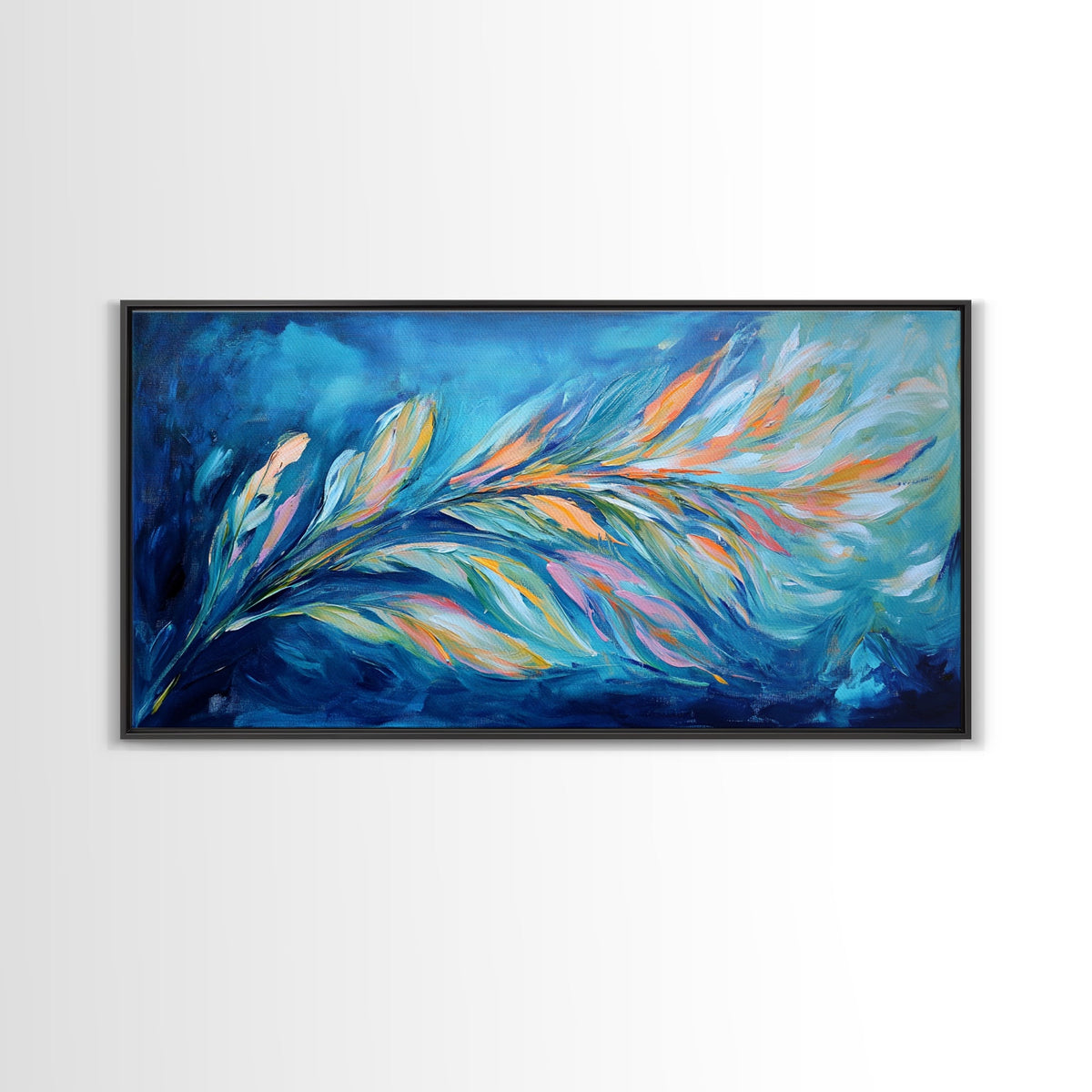 Abstract Feathers, colorful abstract art, blue and green wall art, cottagecore wall art, canvas print, horizontal wall art