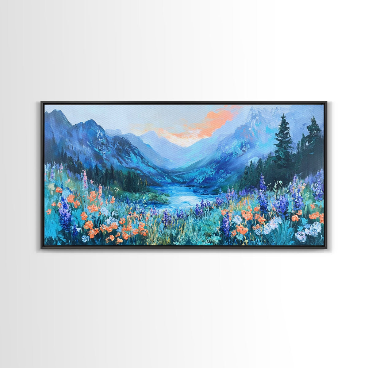 Wildflower Meadow, Mountain Painting, Landscape Painting, Rustic Decor, Cottagecore Wall Art, Framed Canvas Print, Above Sofa Art