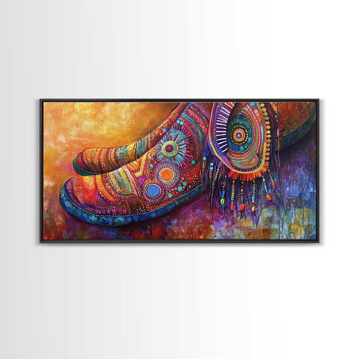 Bohemian Shoes, Moroccan Wall Art, Boho Art, Chinoiserie Wall Art, Extra Wide Art, Framed Canvas Print, Whimsical Art, Rustic Decor