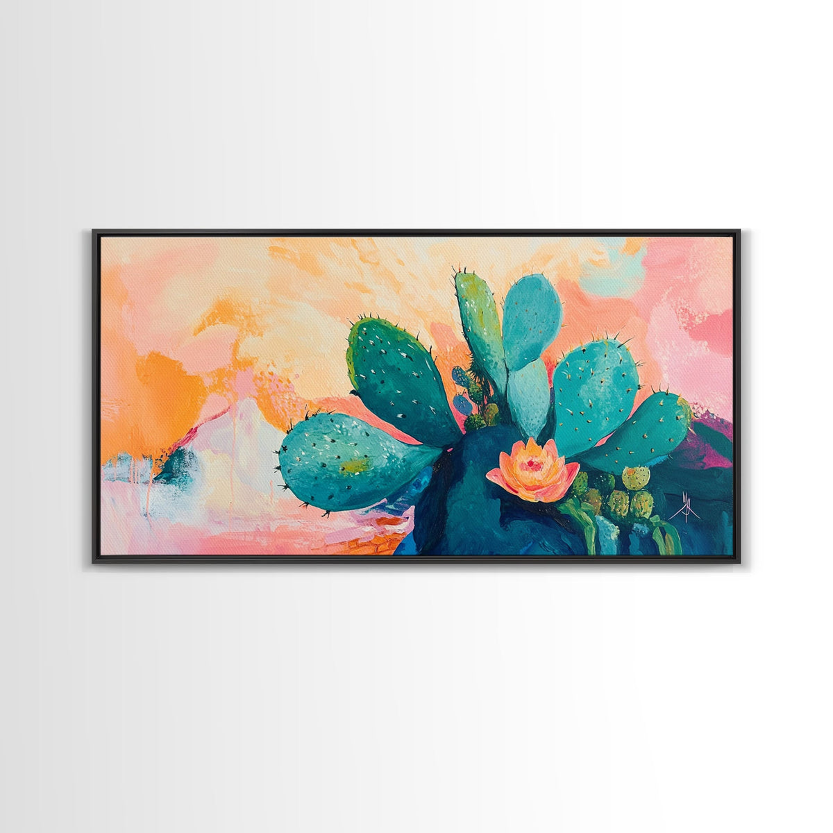 Prickly Pear Cactus, agave painting, southwest wall art, boho art, pink orange wall art, extra wide art, Framed Canvas Print
