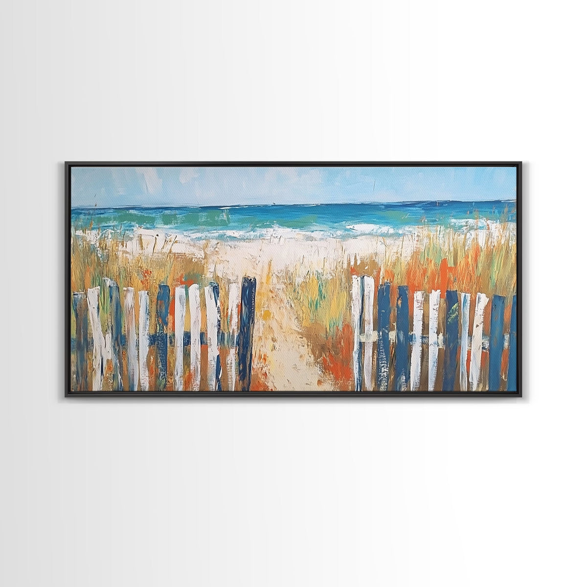 Beach Fence, coastal painting, framed canvas print, nautical decor, seascape painting, blue and green wall art, extra wide art