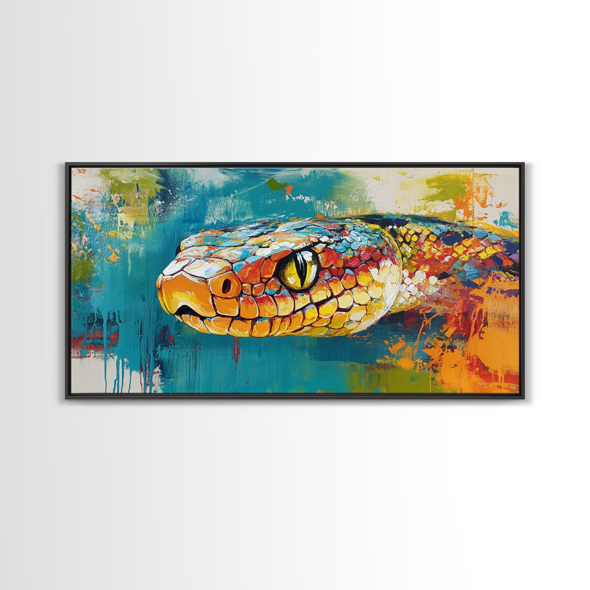 Colorful Snake, wildlife painting, framed canvas print, reptile wall art, bold abstract art, extra wide art, rustic decor