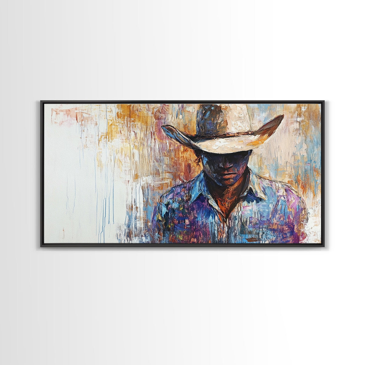 Western Cowboy, black cowgirl painting, rustic wall art, moody art, textured painting, cowboy hat art, farmhouse decor, Canvas Print