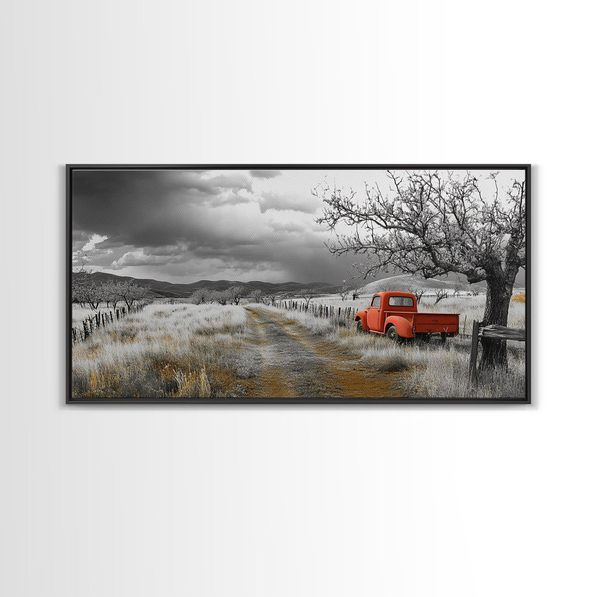 Red Truck, Country Road, Stormy Sky, Orchard Path, Framed Canvas Print, Farmhouse Autumn Wall Art, Rural Decor, Rustic Vintage Vibes
