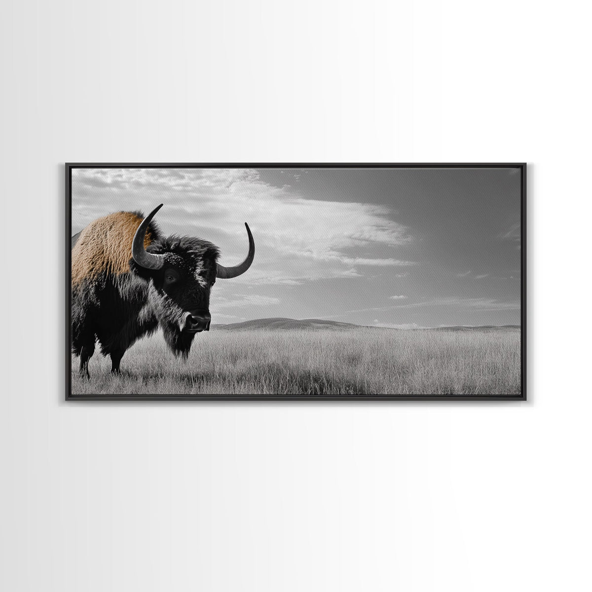 Buffalo Wall Art Canvas Print | Rustic Farmhouse Decor | Western Landscape Art | Moody Wall Art | Extra Wide Art | Nature Lover Gift