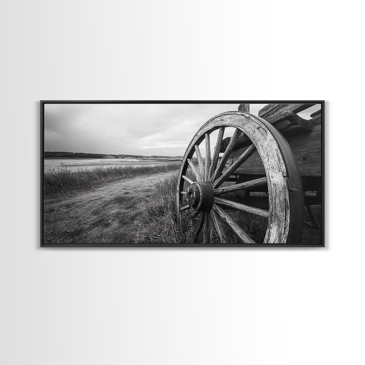 Wagon Wheel, Rustic Wall Art, Farmhouse Art, Vintage Decor, Western Landscape, Barn Art, Framed Canvas Print, Country Aesthetic