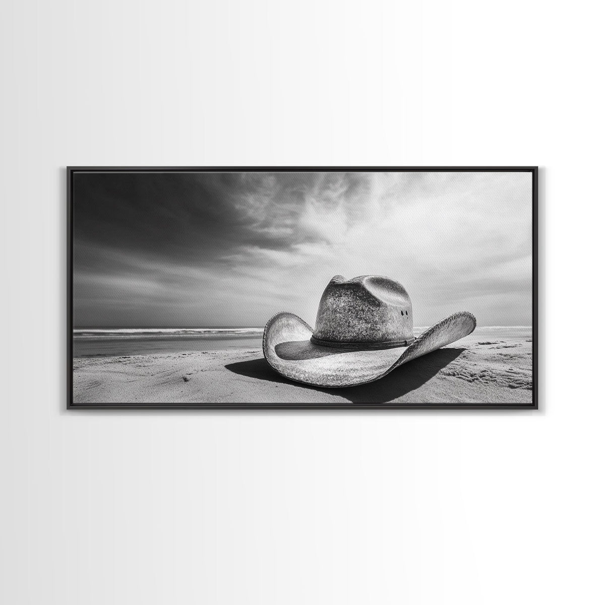 Cowboy Hat, Rustic Art, Western Wall Art, Moody Art, Coastal Decor, Vintage Aesthetic, Framed Canvas Print, Dramatic Sky