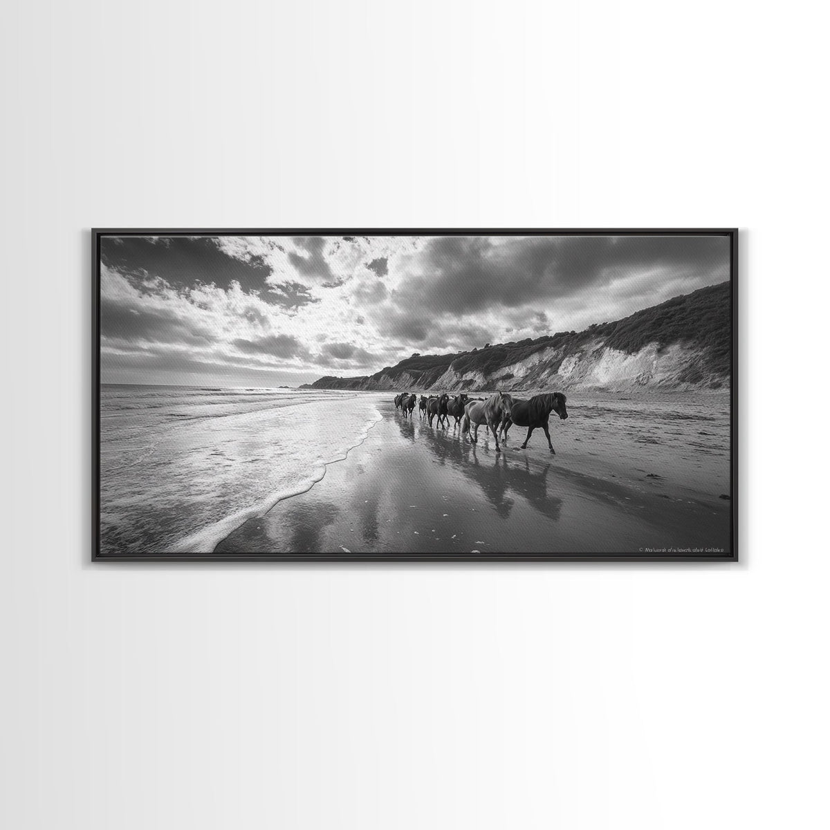 Wild Horses, vintage horse art, rustic decor, equestrian painting, black and white photography, ocean painting, coastal wall art, Framed Canvas Print