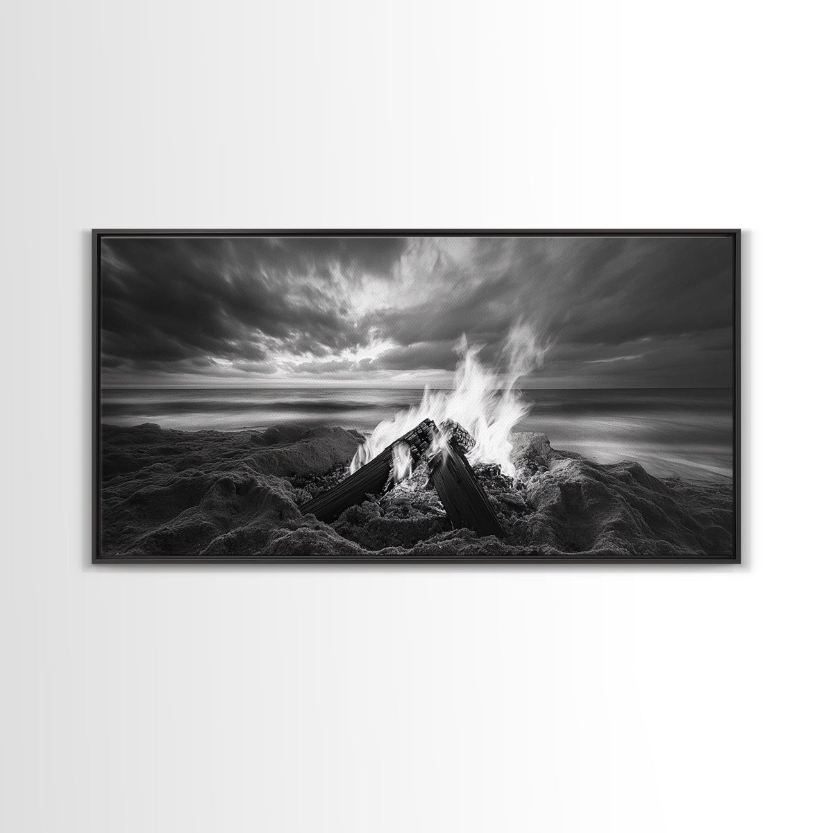 Beach bonfire, moody art, seascape painting, coastal decor, extra wide art, panoramic painting, above bed wall art, framed canvas print