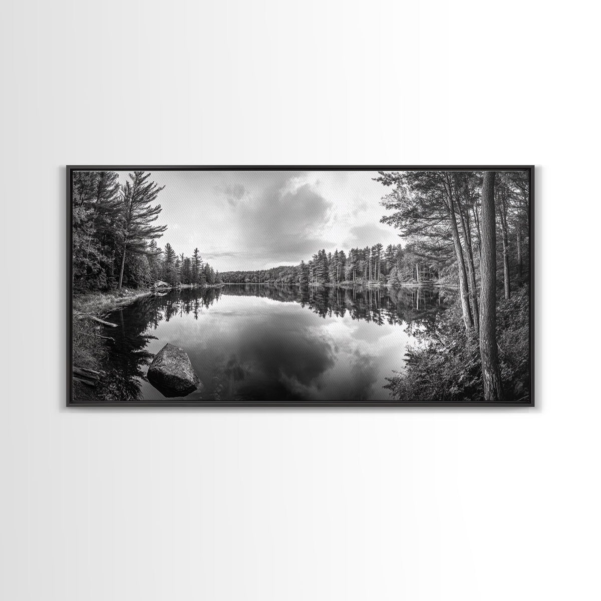 Lake reflection, pine tree art, landscape painting, wabi sabi art, rustic decor, panoramic painting, extra wide art, framed canvas print