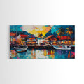Coastal Village Painting, Nautical Wall Art, Tropical Landscape Art, Vibrant Art, Beach House Decor, Extra Wide Art, Canvas Print