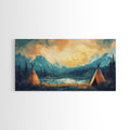 Teepee Camp, southwest wall art, landscape painting, mountain painting, rustic decor, moody art, Framed Canvas Print, panoramic painting