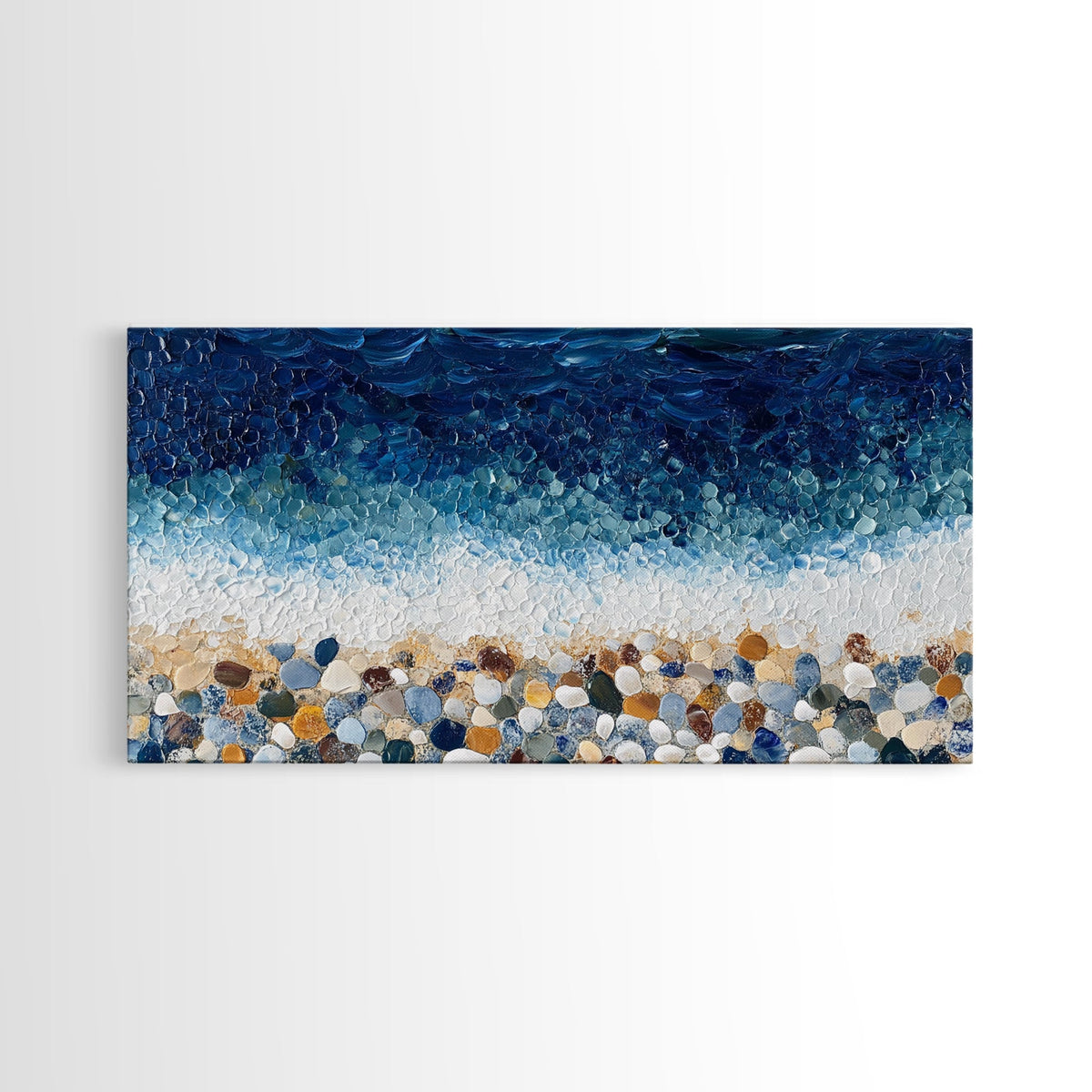 Pebble Beach, mosaic wall art, coastal decor, ocean painting, nautical decor, panoramic painting, framed canvas print