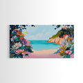 Tropical Beach, coastal wall art, Hawaii art, pink orange wall art, extra wide art, panoramic painting, framed canvas print
