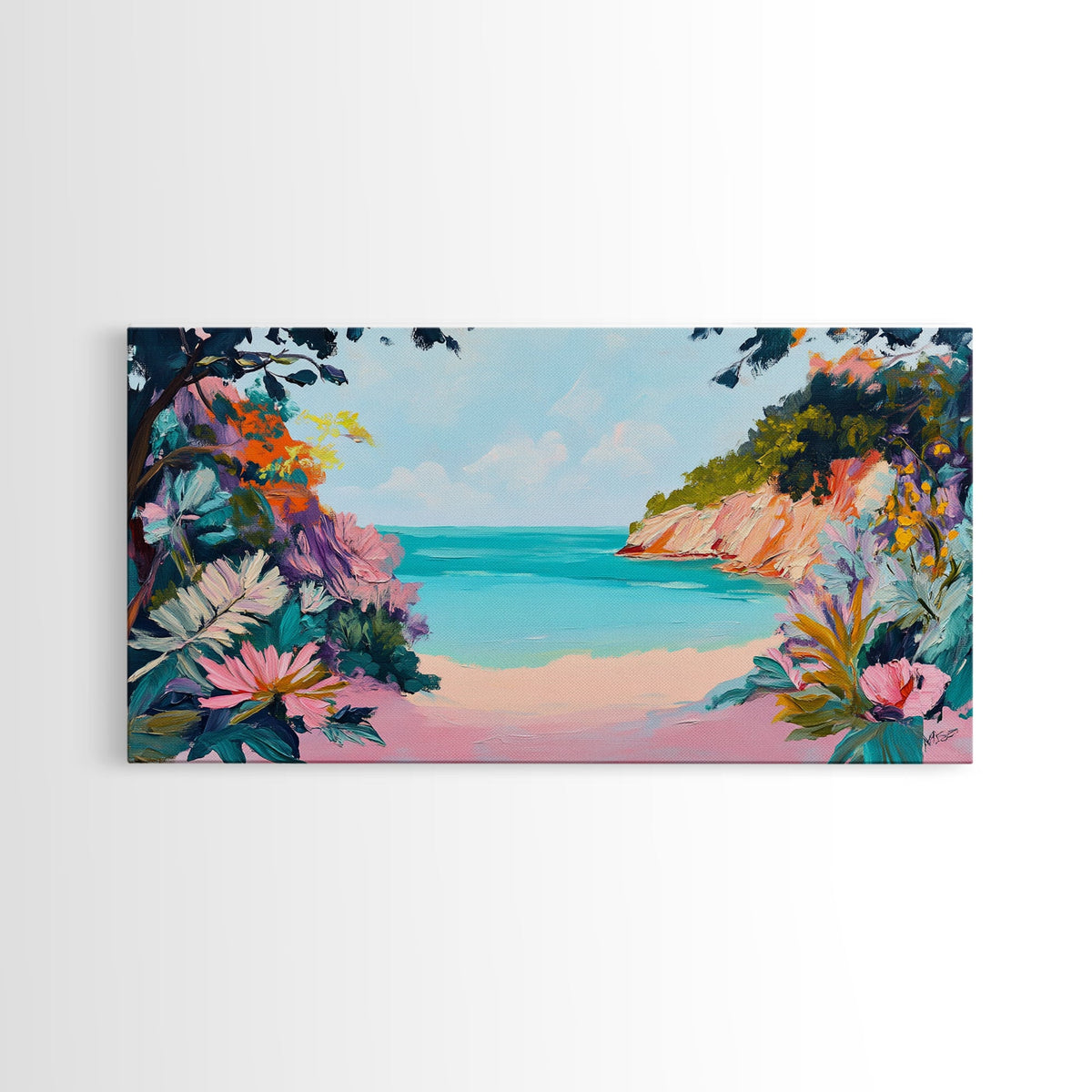 Tropical Beach, coastal wall art, Hawaii art, pink orange wall art, extra wide art, panoramic painting, framed canvas print
