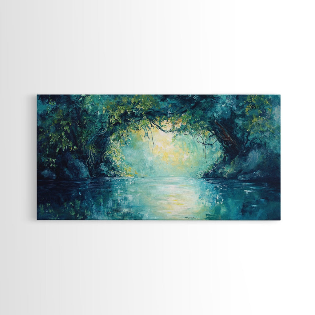 Mystical River, Framed Canvas Print, landscape painting, moody art, forest at dusk painting, teal wall art, extra wide art