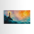 Lighthouse Sunset, coastal painting, nautical wall art, seascape painting, lighthouse art, framed canvas print, panoramic art