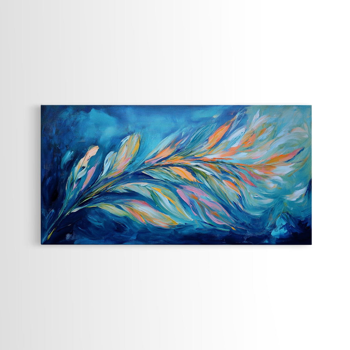 Abstract Feathers, colorful abstract art, blue and green wall art, cottagecore wall art, canvas print, horizontal wall art