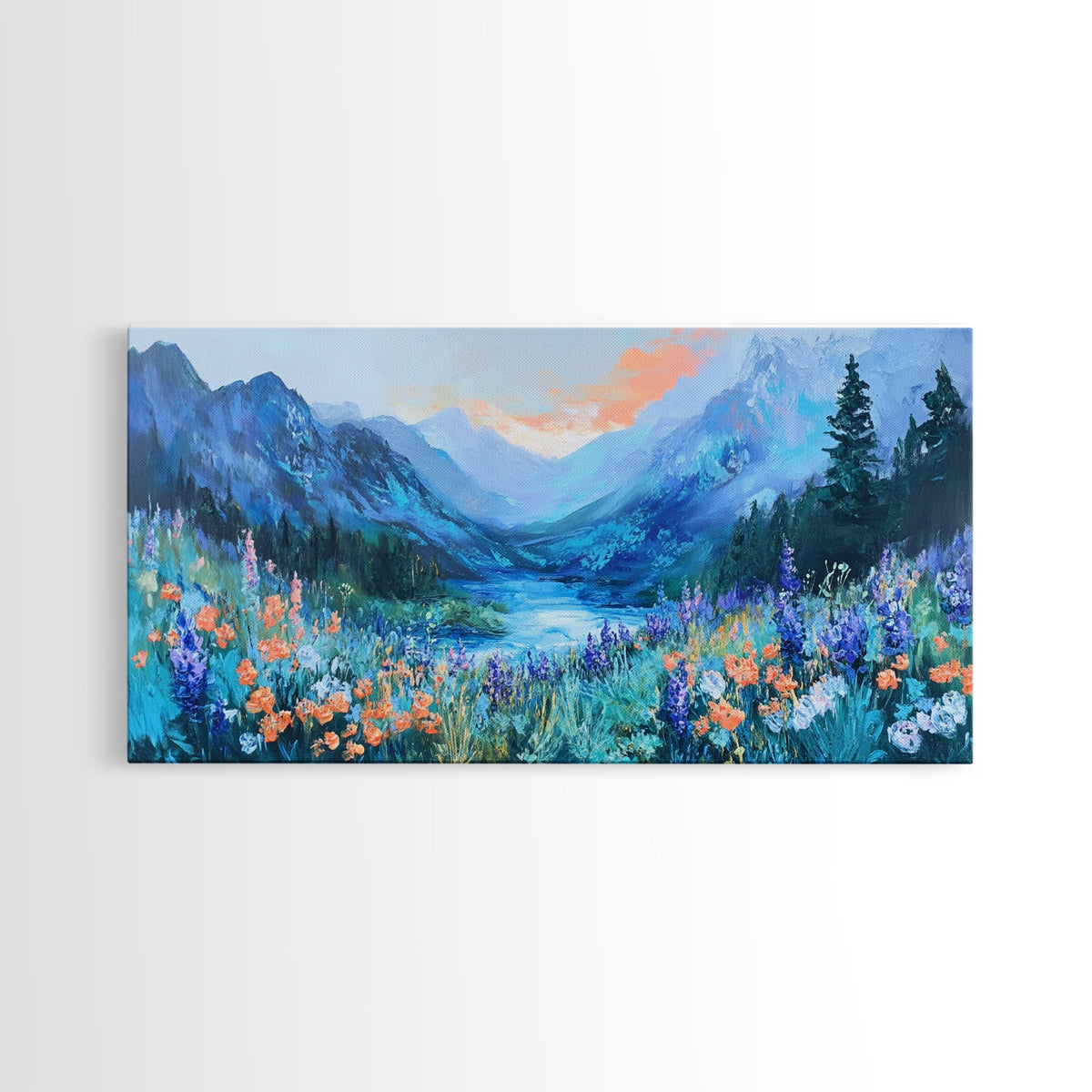 Wildflower Meadow, Mountain Painting, Landscape Painting, Rustic Decor, Cottagecore Wall Art, Framed Canvas Print, Above Sofa Art