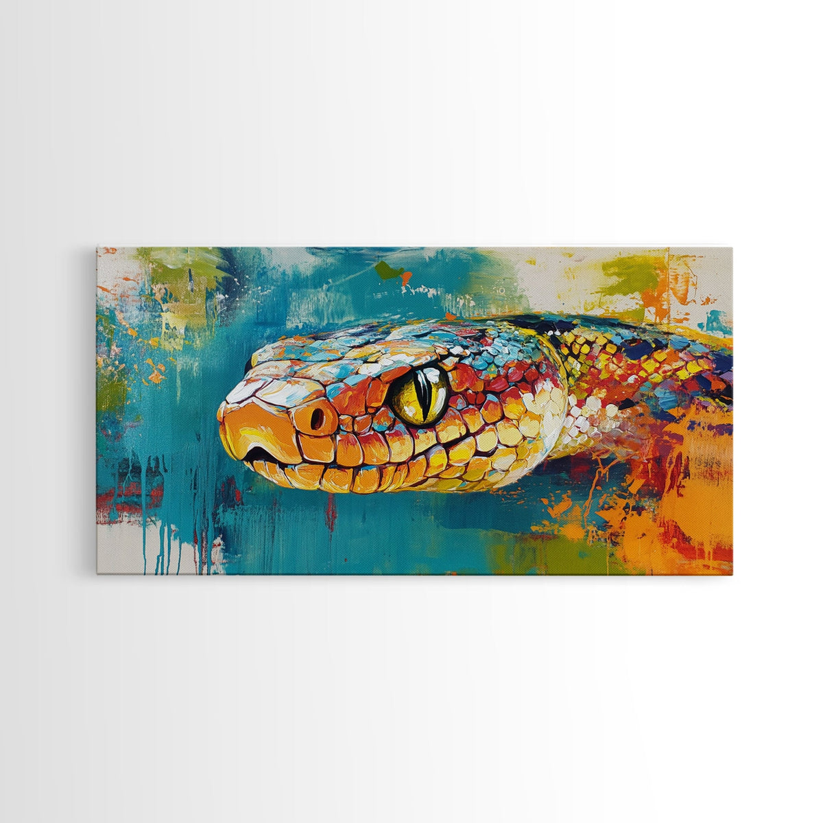 Colorful Snake, wildlife painting, framed canvas print, reptile wall art, bold abstract art, extra wide art, rustic decor