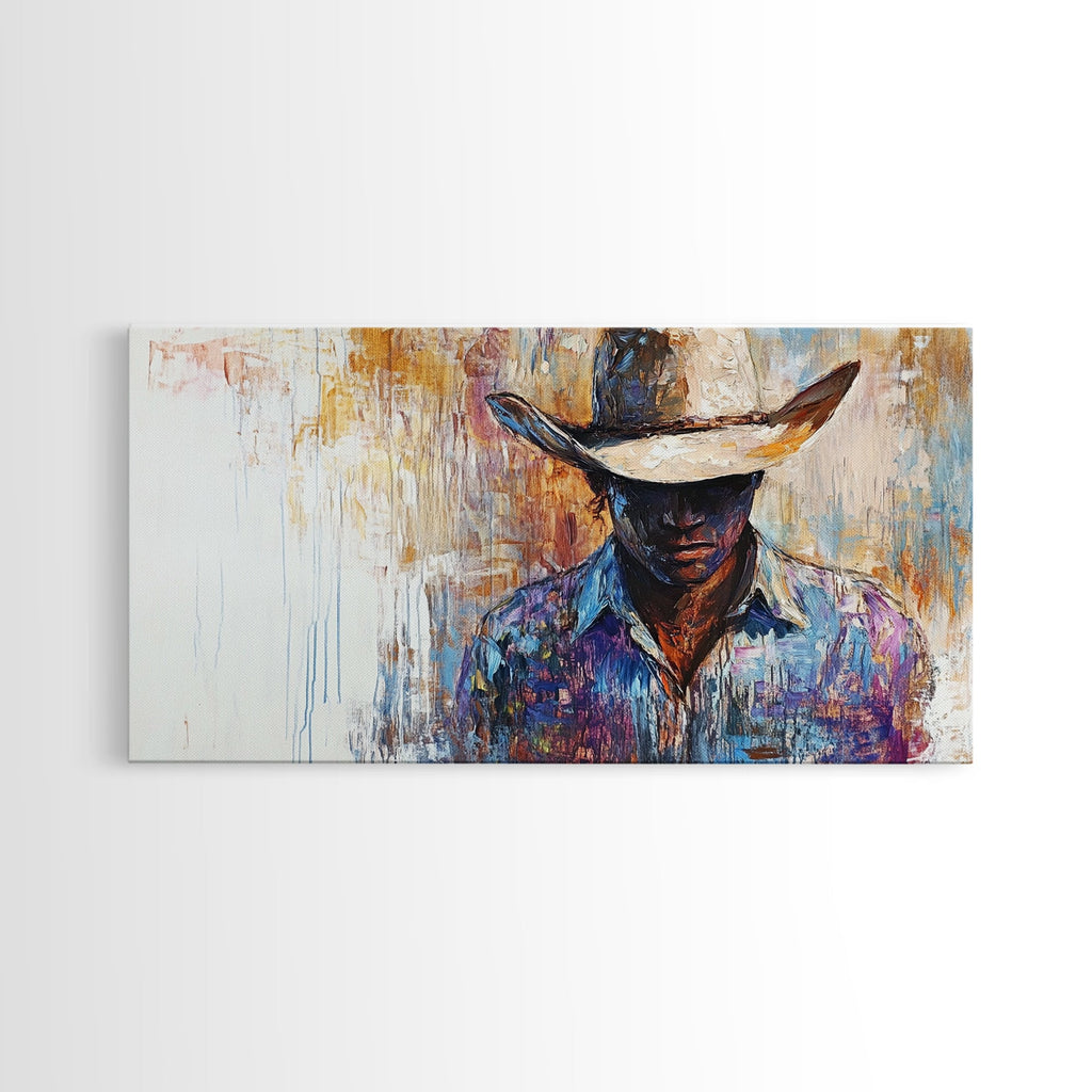Western Cowboy, black cowgirl painting, rustic wall art, moody art, textured painting, cowboy hat art, farmhouse decor, Canvas Print