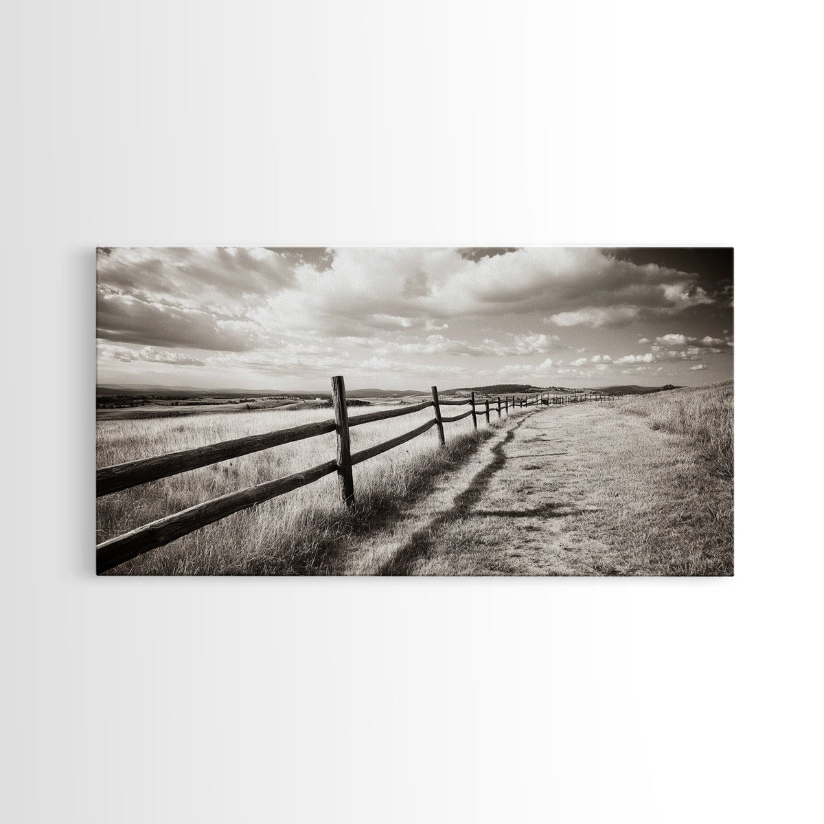 Countryside Fence Trail, Rolling Hills Walk, Prairie Path View, Framed Canvas Print, Western Art, Fall Wall Decor, Office Wall Art
