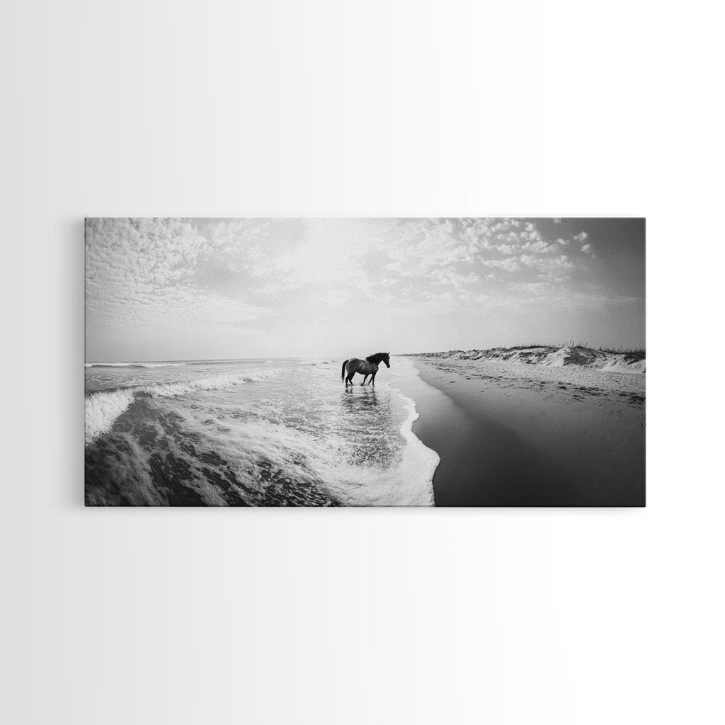 Wild Horse Beach, Coastal Nature Art, Minimalist Animal Photography, Serene Landscape, Neutral Bedroom Decor, Framed Canvas Print