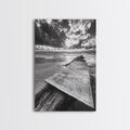 Map On Beach, Travel Adventure Art, Wanderlust Decor, Coastal Office Style, Framed Canvas Print, Explorer Aesthetic, Black White Scene