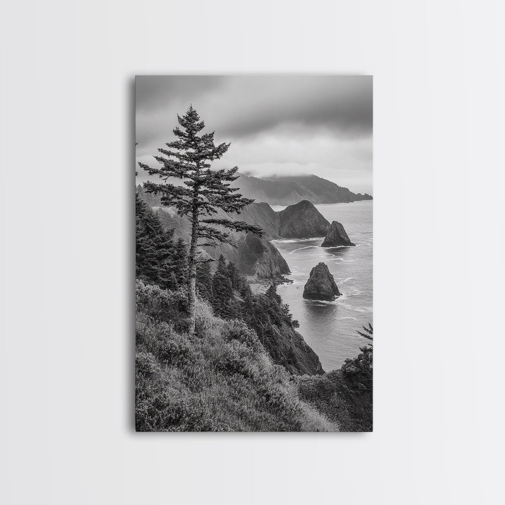 Oregon Coastline View, Misty Cliffs, Evergreen Forest, Coastal Vibes, Framed Canvas Print, Rustic Cabin Art, Living Room Wall Decor