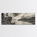 River Cliff View, Forested Mountains, Timeless Horizon, Framed Canvas Print, Living Room Wall Art, Cabin Rustic Decor, Moody Nature Art