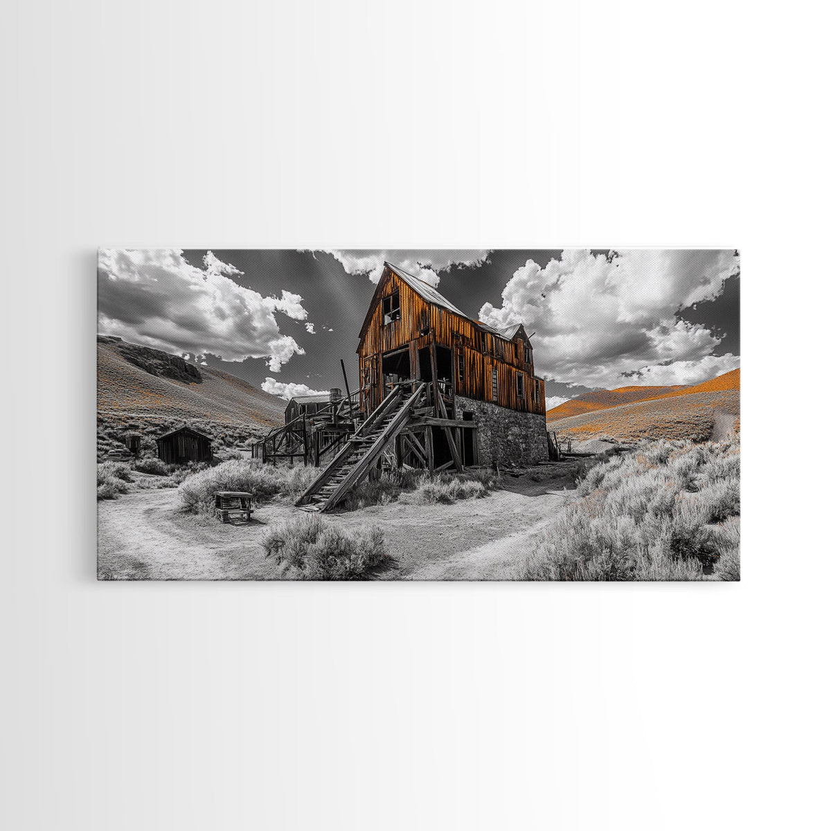Desert Barn, Rustic Landscape, Western Vibes, Autumn Glow, Framed Canvas Print, Farmhouse Wall Art, Abandoned Homestead Photography