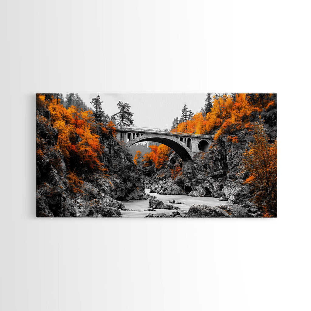 Autumn Bridge, River Gorge, Rustic Nature, Fall Trees, Framed Canvas Print, Cabin Wall Art, Seasonal Decor, Scenic Travel Landscape