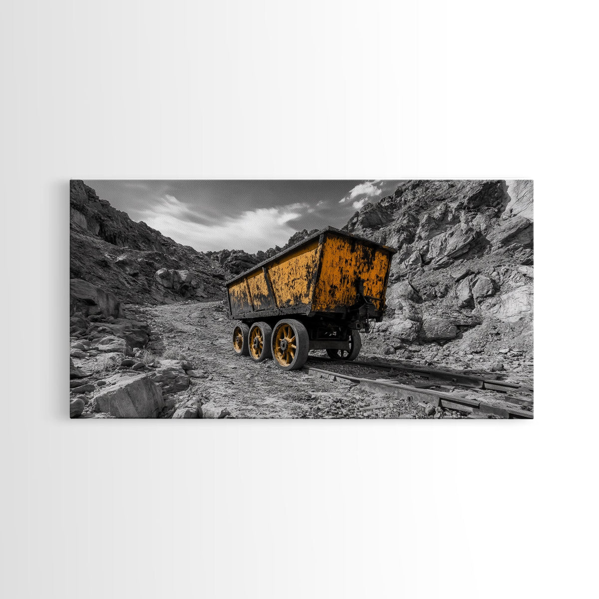 Vintage Mining Cart, Industrial Rustic Decor, Western Adventure Wall Art, Grunge Style Canvas Print, Man Cave or Garage Wall Art