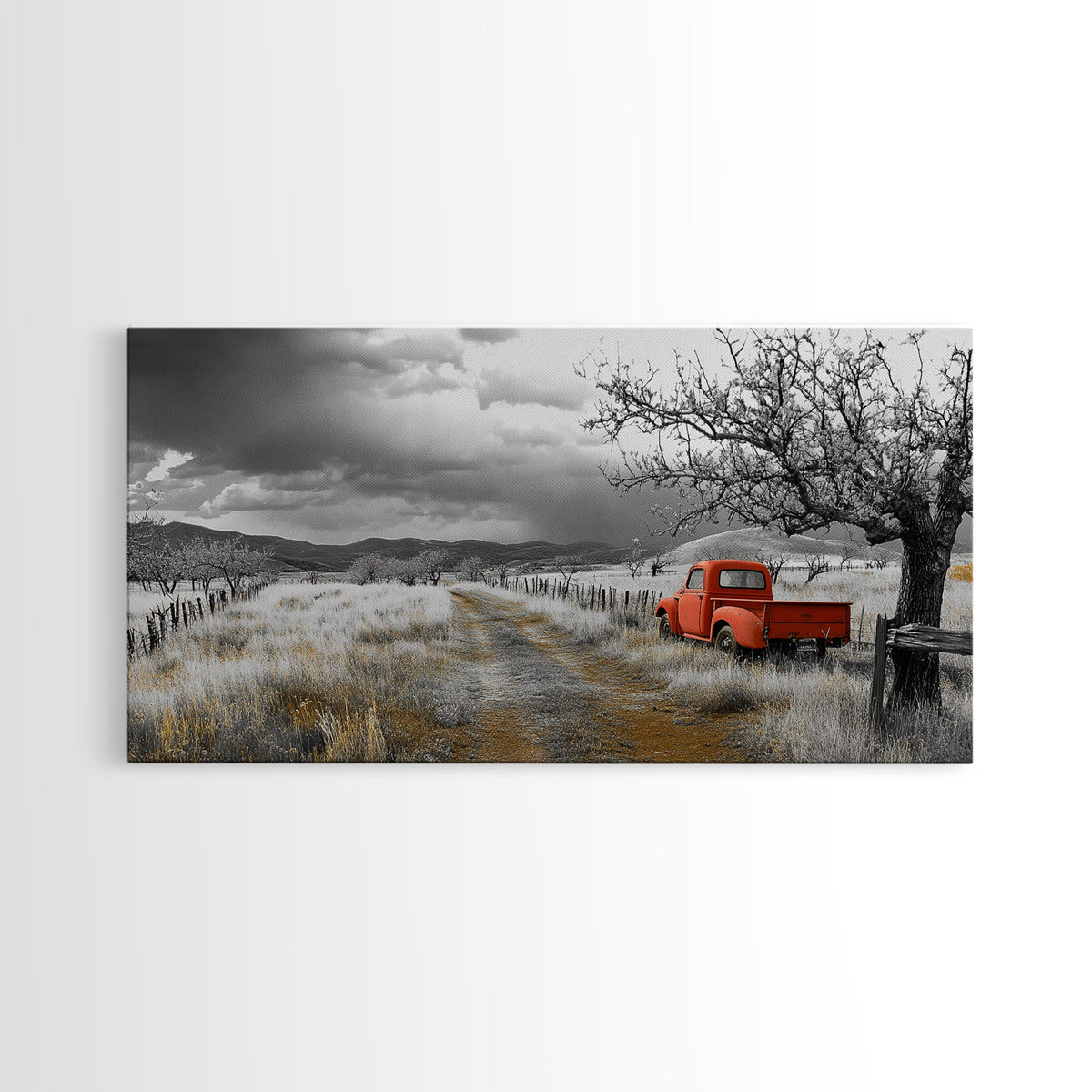 Red Truck, Country Road, Stormy Sky, Orchard Path, Framed Canvas Print, Farmhouse Autumn Wall Art, Rural Decor, Rustic Vintage Vibes
