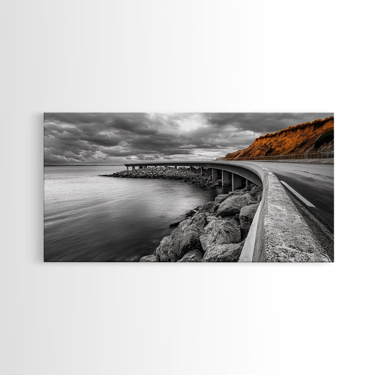 Cliffside Road, Autumn Drive, Ocean View, Stormy Sky, Canvas Print fall landscape art, modern hallway decor, minimalist travel scene