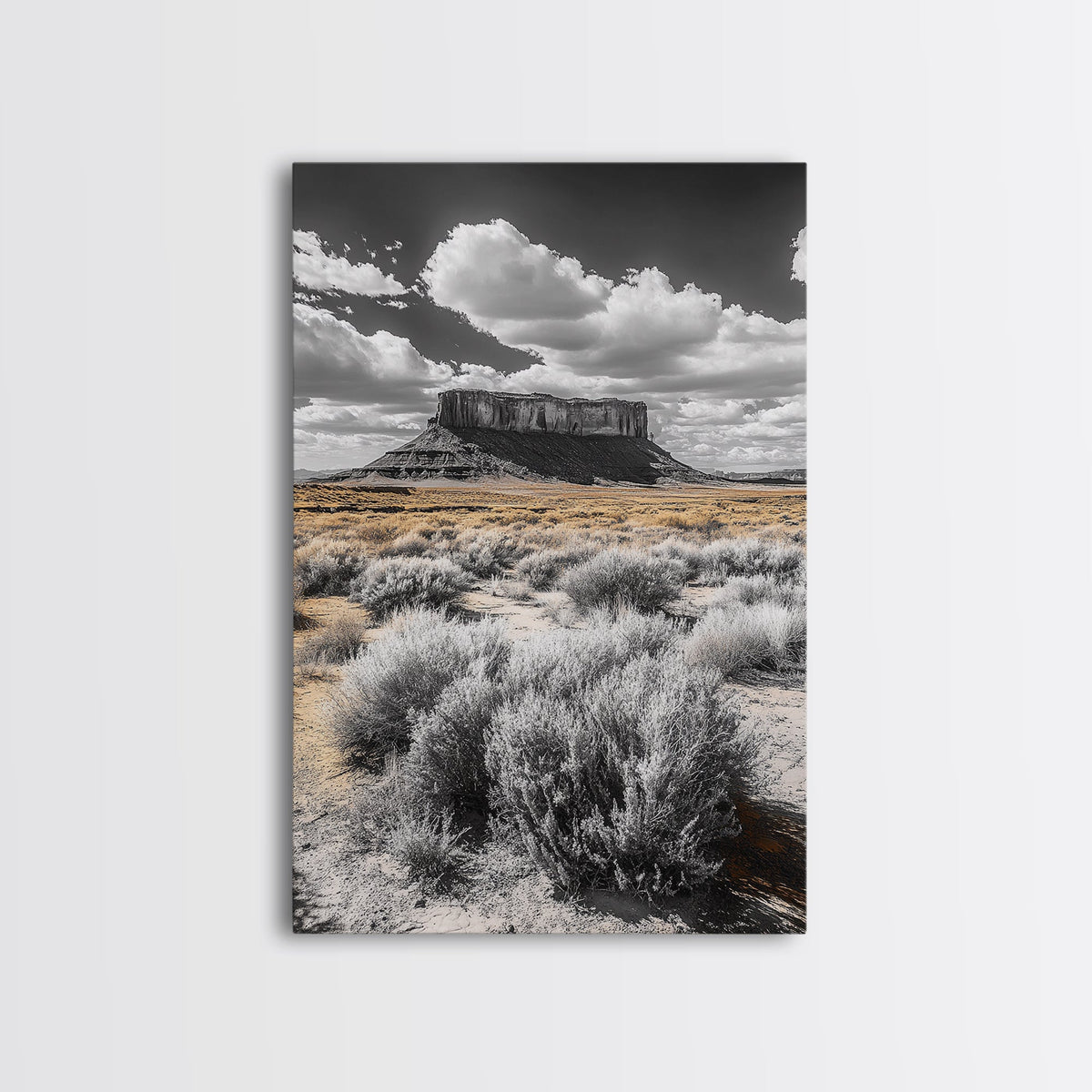 Desert Plateau View, Western Landscape Art, Rustic Nature Decor, Yellow Sagebrush, Framed Canvas Print, Southwestern Living Room Art