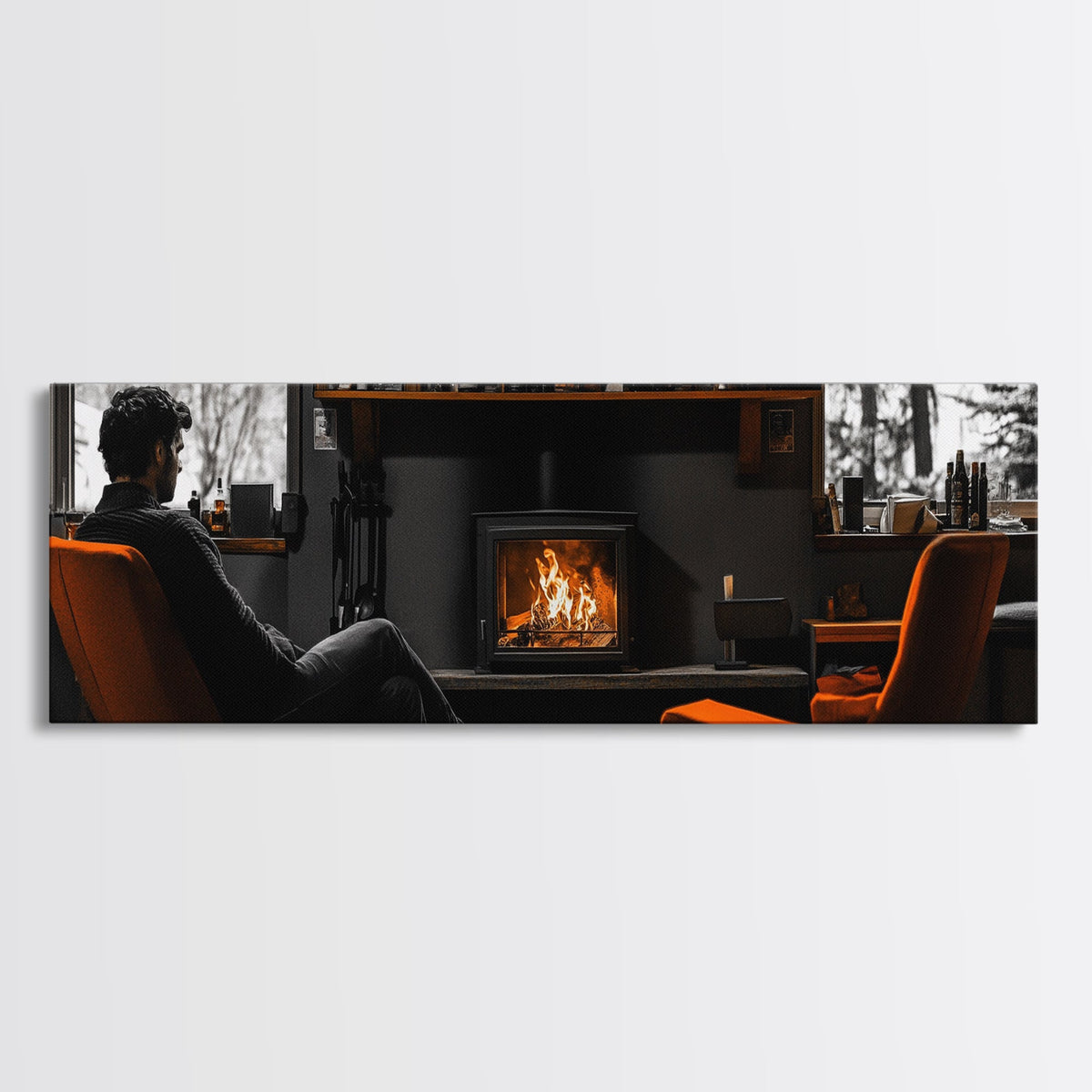 Fireplace Moment, Cozy Cabin Mood, Fall Comfort Scene, Framed Canvas Print, Hygge Wall Art, Masculine Decor, Warm Living Room Style